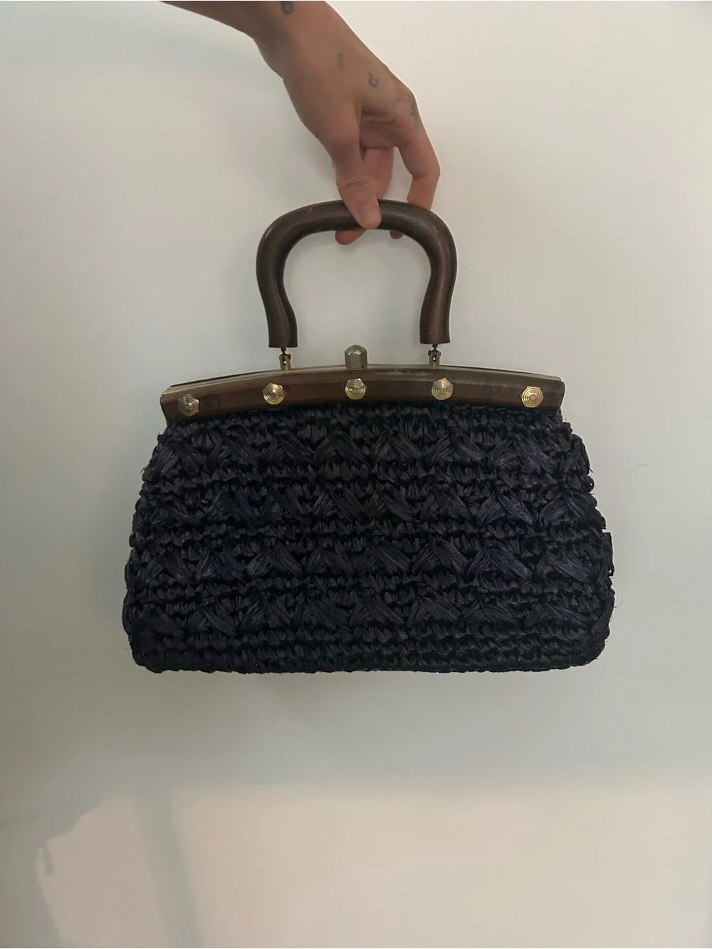 Vintage 1960s Raffia/Wooden Handbag, Purse